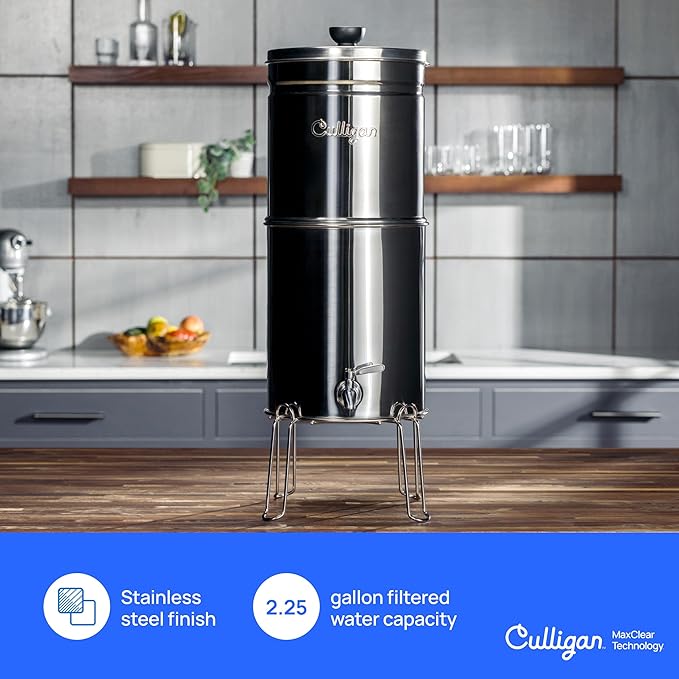 Culligan MaxClear 2.25 Gallon Gravity Water Filter System, Removes Microplastics, PFAS & Lead, NSF/ANSI Certified, Brushed Stainless-Steel Countertop Filter with 1 Ceramic Filter