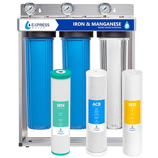 Express Water Whole House Water Filter System, Iron & Manganese 3 Stage Whole Home Filtration, Water Filter Removes Stains on Glassware, Fixtures, Laundry, Reduces Iron & Manganese for Well Water