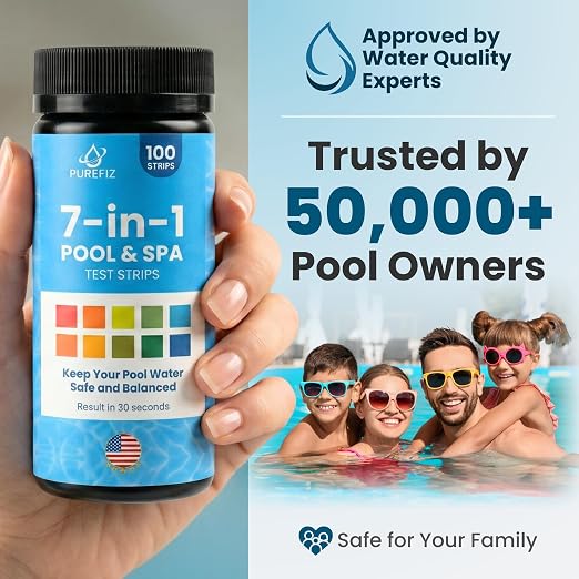 Pool & Spa Test Strips 7-in-1, 100 Strips for Pools, Hot Tubs & Saltwater Spas – Accurately Tests pH, Free & Total Chlorine, Bromine, Alkalinity, Hardness & Cyanuric Acid – Easy, 30-Second Results