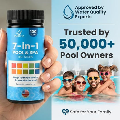 Pool & Spa Test Strips 7-in-1, 100 Strips for Pools, Hot Tubs & Saltwater Spas – Accurately Tests pH, Free & Total Chlorine, Bromine, Alkalinity, Hardness & Cyanuric Acid – Easy, 30-Second Results