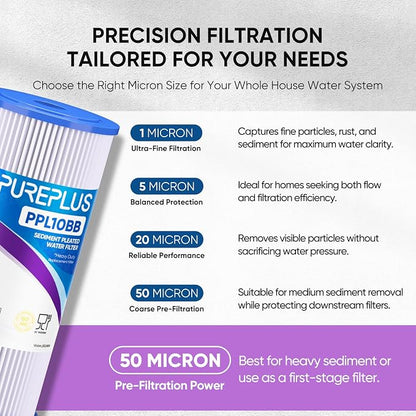 PUREPLUS 50 Micron 10" x 4.5" Extra Coarse Pleated Sediment Filter for Well Water, Replacement Cartridge for GE FXHSC, Culligan R50-BBSA, Pentek R50-BB, DuPont WFHDC3001, W50PEHD，GXWH40L, 4Pack