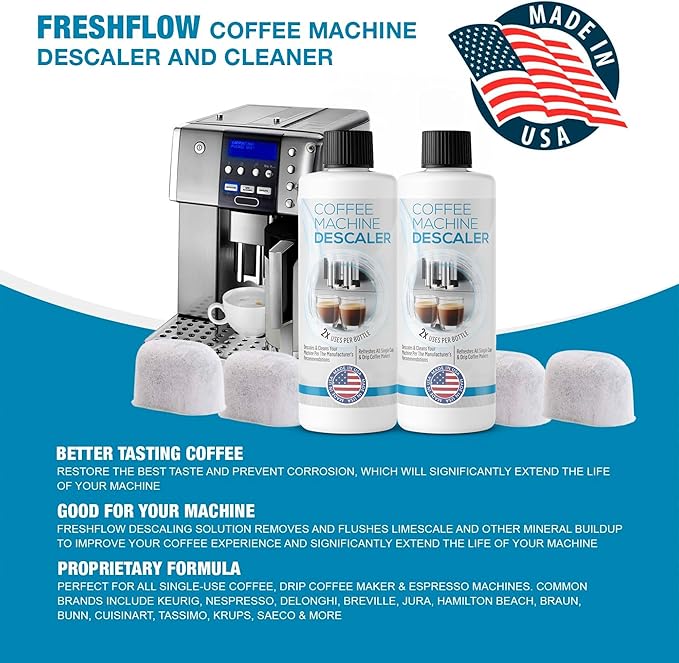 FreshFlow Keurig Compatible Descaling Solution - Descaler Cleaner Concentrate Kit For All 1.0 & 2.0 K-Cup Pod Machines and Espresso Machines - (2 Bottles, 4 Uses Plus 4 Filters)