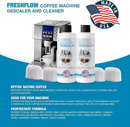 FreshFlow Keurig Compatible Descaling Solution - Descaler Cleaner Concentrate Kit For All 1.0 & 2.0 K-Cup Pod Machines and Espresso Machines - (2 Bottles, 4 Uses Plus 4 Filters)
