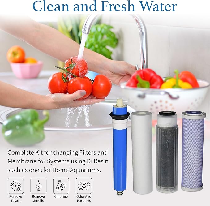 CFS 10 in RODI Replacement Kit: Sediment, Carbon, DI + 75 GPD TFC Membrane | Color changing MBD-30 mixed bed resin shows exhaustion; RO/DI reverse osmosis filter set for aquarium, reef & lab systems