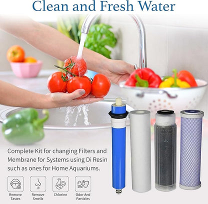CFS – 10" RODI Water Filter Kit Includes Sediment, Carbon & Color Indicating DI Cartridge with 50 GPD RO Membrane – Filled with MBD-30 Resin – Removes Impurities & Odor – RO/DI System Replacement Kit