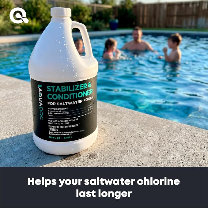 AquaDoc Saltwater Pool Stabilizer and Conditioner - 128 oz - Liquid Cyanuric Acid Stabilizer for Saltwater Swimming Pools to Reduce Chlorine Loss from Sunlight - Made in the USA
