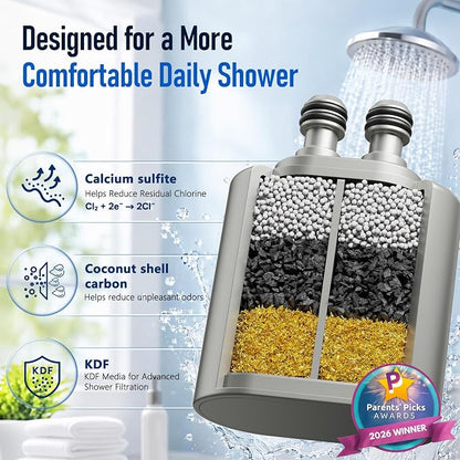 Veken Shower Filter to Reduce Chlorine, KDF Shower Head Filters with Activated Carbon and Calcium Sulfite for Filtered Shower Water, Filtro Para Ducha De Baño, One-Press Replacement, Nickel