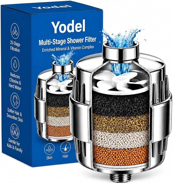 Yodel Shower Water Filter for Hard Water, Shower Water Softener,Showerhead Filter with KDF-55,Vitamin C, Helps Reduce Chlorine for Softer Hair and Skin, Filters Up to 8,000 Gallons, Polished Chrome