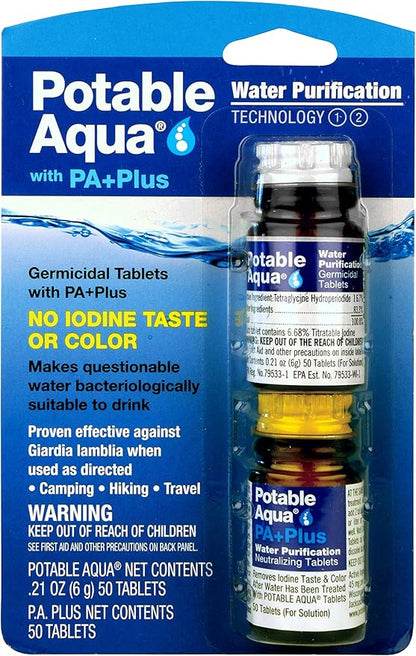 Potable Aqua Water Purification Tablets 2-50ct Bottles and Ready America 8-Hour 2-Pack Green Emergency Lighsticks