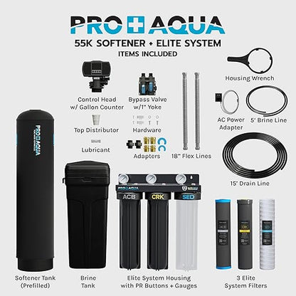 PRO+AQUA Elite Whole House Water Filtration System + 55,000 Grain Water Softener Bundle | PRO-E-S55E | Well Water Filtration for 5–7 Person Homes