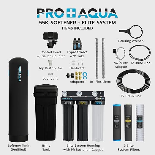 PRO+AQUA Elite Whole House Water Filtration System + 55,000 Grain Water Softener Bundle | PRO-E-S55E | Well Water Filtration for 5–7 Person Homes