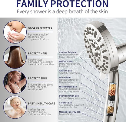 Handheld Shower Head with Filter, High Pressure 10-Spray-Mode Detachable Shower Head with 60-Inch Hose, Powerful Hand Held Shower Head for Low Water Pressure(Nickel)