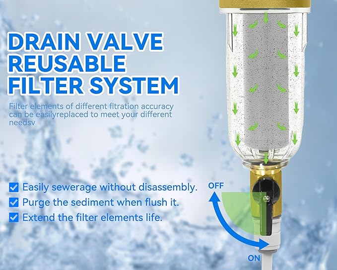 POHIR Spin Down Sediment Filter 40/100/200 Micron, Reusable Water Filter for Whole House Pre-Filtration System, 1" MNPT + 3/4" FNPT + 3/4"MNPT with Sewage Drain Pipe