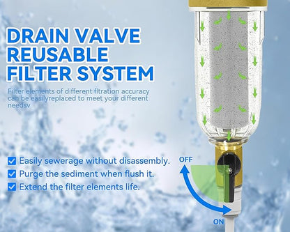 POHIR Spin Down Sediment Filter 40/100/200 Micron, Reusable Water Filter for Whole House Pre-Filtration System, 1" MNPT + 3/4" FNPT + 3/4"MNPT with Sewage Drain Pipe