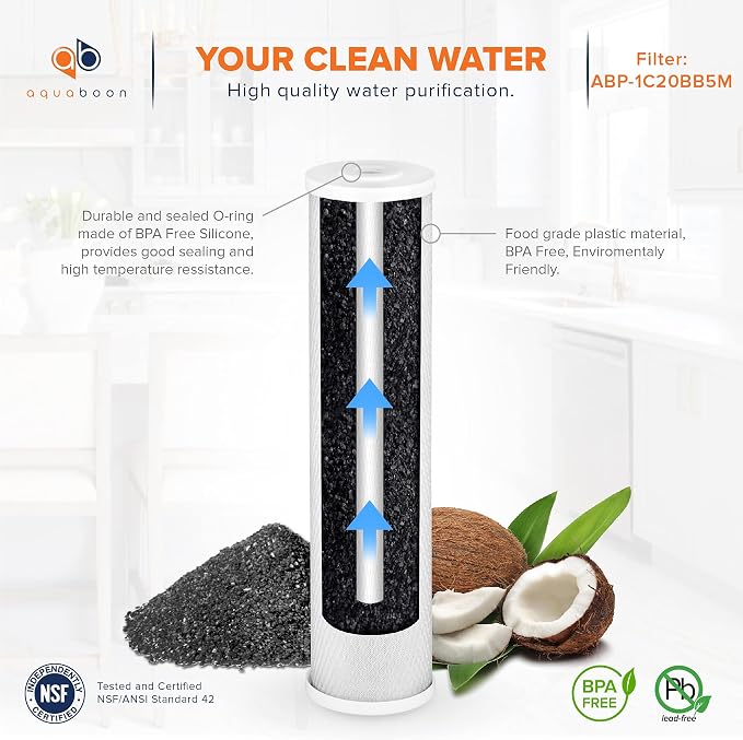 Aquaboon 5 Micron 20 x 4.5 Whole House Water Filter Replacement Cartridge Carbon Block Chlorine Reduction for 1-Stage Water Filtration System 2 Pack