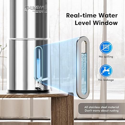 Purewell Upgraded 9-Stage Gravity Water Filter System with Water Level Window, 0.01μm Ultra-Filtration Countertop System with 2 Filters and Stand, pH 8-9, Reduce 99% Chlorine, BO-PH-2.25G