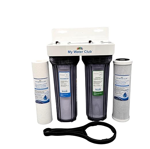 MyWaterClub 2-Stage (Dual Stage) Whole House Water Filtration System, 3/4" Inlet/Outlet, with an Extra Set of Replacement cartridges (Clear Housing Body)