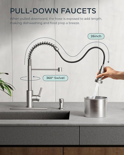 FORIOUS Kitchen Faucet with Soap Dispenser, Brushed Nickel Stainless Steel Spring Sink Faucet with Pull Down Sprayer Transitional Single Handle for Pot Filler, Farmhouse Camper Bar Laundry Room