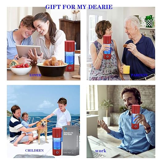 Rechargeable Hydrogen Ionizer Bottle - 400ml Portable Hydrogen Water Maker, Glass Travel Cup, Gift (Red)