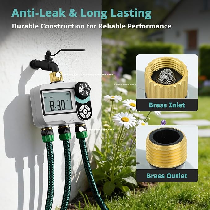 QUOBAS Brass Sprinkler Timer for Garden Hose, Programmable Water Timer | Rain Delay/Auto/Manual 3 Modes, Hose Timer for Hose Faucet with Child Lock, Waterproof Screen, 3 Zone Independent Watering