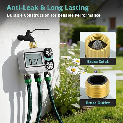 QUOBAS Brass Sprinkler Timer for Garden Hose, Programmable Water Timer | Rain Delay/Auto/Manual 3 Modes, Hose Timer for Hose Faucet with Child Lock, Waterproof Screen, 3 Zone Independent Watering