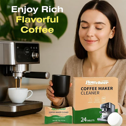 flowcheer Descaler Tablets (24 Pack) - Universal Coffee Maker Cleaner for Breville, Jura, Keurig, Nespresso, DeLonghi - Removes Limescale, Improves Taste & Extends Life - 1 Year Supply