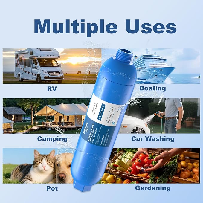 RV Water Filter with 2 Flexible Hose Protector, NSF Certified, 4 Pack Inline Water Filter Reduces Chlorine, Bad Taste, Odor, Sediment, RV Accessories for Campers, Marine, Garden Hose, Boat