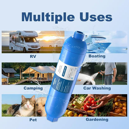 RV Water Filter with 2 Flexible Hose Protector, NSF Certified, 4 Pack Inline Water Filter Reduces Chlorine, Bad Taste, Odor, Sediment, RV Accessories for Campers, Marine, Garden Hose, Boat