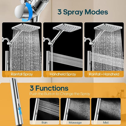 Hombeter High Pressure Rain Shower Head with Handheld Combo, 10 Inch Square Rainfall Showerhead, Adjustable Slide Bar Dual Shower System, 3 Spray Modes, 59" Stainless Steel Hose,Chrome