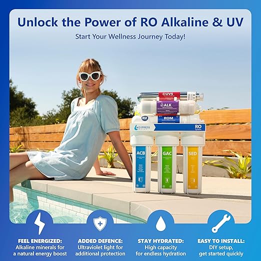 Express Water Reverse Osmosis Alkaline Ultraviolet Water Filtration System – 100 GPD (Deluxe Chrome Faucet) 15"L x 5"W x 17"H