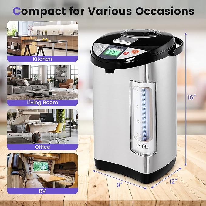 COSTWAY Instant Electric Hot Water Boiler and Warmer | 5-Liter LCD Water Pot with 5 Stage Temperature Settings, Safety Lock to Prevent Spillage, Stainless Steel Hot Water Dispenser
