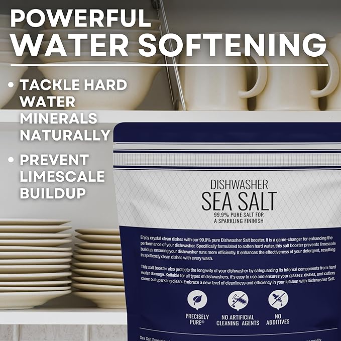 Dishwasher Salt, Natural Water Softener, Food Grade Coarse Sea Salt Compatible with Miele, Thermador, Whirlpool, & Bosch Dishwasher 5 lb Bag