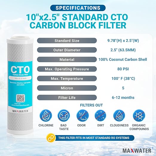 Max Water Whole House Water Filter Housing, 1 Stage 10 inch Housing for Under Sink Reverse Osmosis Water Filtration System, with CTO Carbon Filters Pre Aquarium Boiler RO Odor - Reducer (1 Stage CTO)