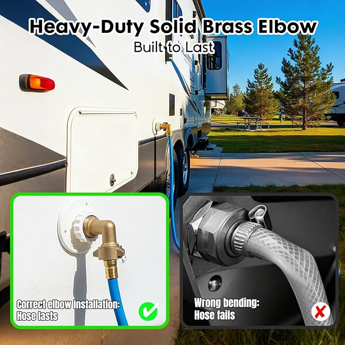 RV City Water Inlet with 90-Degree Lead-Free Brass Elbow, 3/4 NH Female to 1/2 NPT Male Connection, Ideal RV Water Fill Replacement Flange