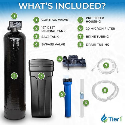 Tier1 Whole House Water Softener System 64000 Grain Capacity | High Efficiency Design with Ceramic Control Valve | Preloaded 2 Cubic Foot Resin Mineral Tank | Home Filtration System for 5 to 6 Baths