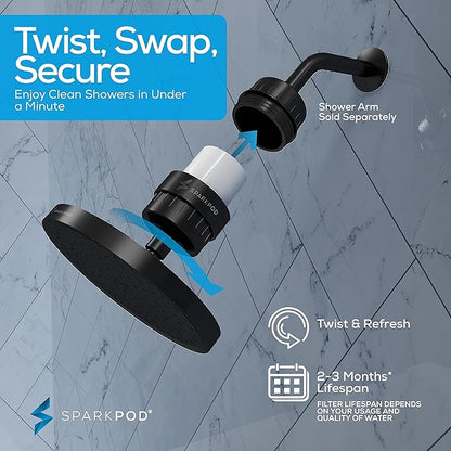 SparkPod Luxury Filtered Shower Head Set 23 Stage Shower Filter - Reduces Chlorine and Heavy Metals - High Pressure Showerhead Filter (8" Round, Midnight Black Matte)