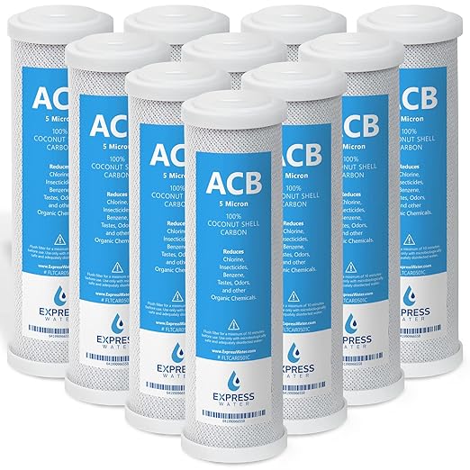 Express Water – 10 Pack Activated Carbon Block ACB Water Filter Replacement – 5 Micron, 10 inch Filter – Under Sink and Reverse Osmosis System