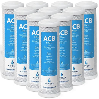Express Water – 10 Pack Activated Carbon Block ACB Water Filter Replacement – 5 Micron, 10 inch Filter – Under Sink and Reverse Osmosis System