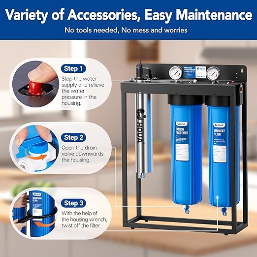 HQUA WF3-03 3-Stage Free-Standing Whole House Water Filtration System, UV Filter Included, Reduces Heavy Metals (Lead, Mercury, Copper, Nickel, Chromium), Chloramine, Sediment, Odor, and VOC’s