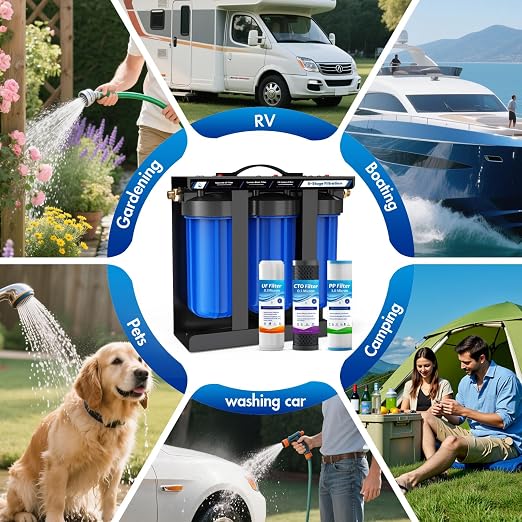 RV Water Filter System,0.01 Micron Camper Water Filter System, 5-Stage RV Water Filtration System Reduces Sediments, Chlorine, Vocs, Heavy Metals, Odors for Travel Trailers, Boats, 1" Inlet/Outlet