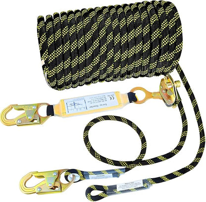 25FT Heavy Duty Fall Protection Safety Rope, Vertical Lifeline Assembly with Shock Absorber & Grab Snap Hooks, Rope Harness Safety Lanyard for Tree Climbing Roofing Safety