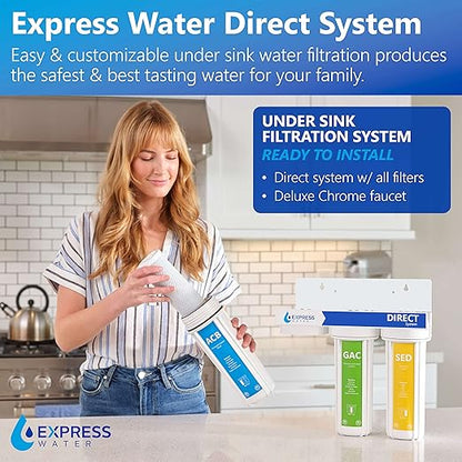 Express Water Direct Water Filtration System – 3 Stage Direct Water Filter System with Chrome Faucet – Under Sink Water Filter – Sediment, Activated Carbon Block, and Granular Activated Carbon Filters