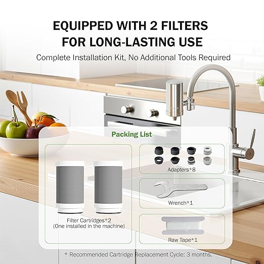 Frizzlife FS99 Water Filter for Sink Faucet, 2 Filters Certified Reduce 99% Lead, Heavy Metal For Skin Care, 360° Rotating＆304 Stainless Steel Tap Water Purifier for Kitchen Sink/Bathroom