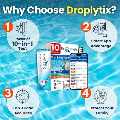 10-in-1 Pool & Spa Water Test Kit with App, Hot Tub, Saltwater, Chlorine, Cyanuric Acid, Alkalinity, Hardness, pH, Nitrate, Sulfate, Digital Water Quality Testing Strips (DXPOOL-R10-S10)