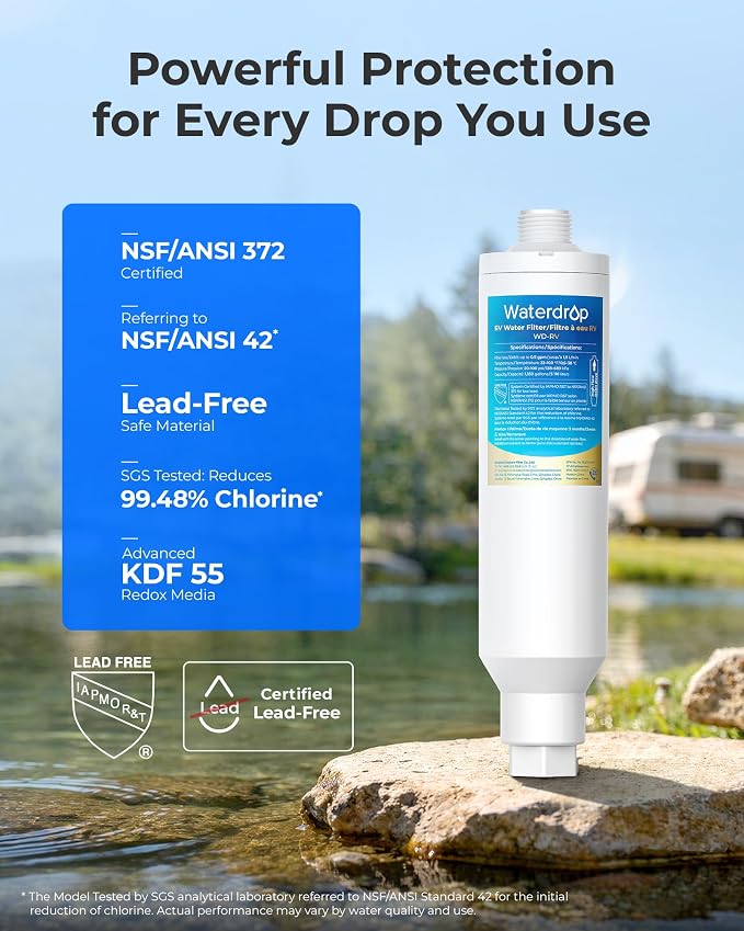 Waterdrop RV Inline Water Filter, Garden Hose and Camper Water Filter | Reduces Chlorine, Odor, Bad Taste and Sediment in Drinking Water, NSF/ANSI Certified, GAC & KDF Filtration, 4 Pack