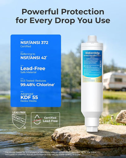 Waterdrop RV Inline Water Filter, Garden Hose and Camper Water Filter | Reduces Chlorine, Odor, Bad Taste and Sediment in Drinking Water, NSF/ANSI Certified, GAC & KDF Filtration, 4 Pack