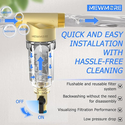 WHC40 Sediment Filter, 40 & 100 & 200 Micron Reusable Spin Down Sediment Water Filter, Whole House Water Filter for Well Water, Home Pre-filtration System, 1" MNPT + 3/4" FNPT + 3/4"MNPT