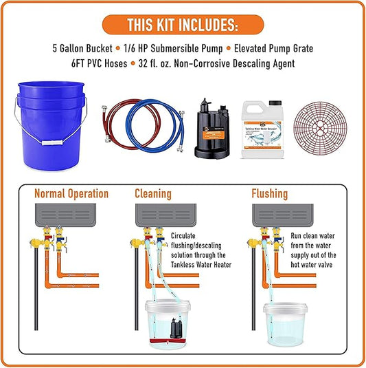 Chromex Tankless Water Heater Flush Kit, Extra Long 12 Ft Hoses with Certified Liquid Descaling Solution and 1/6HP Extra Strength Pump