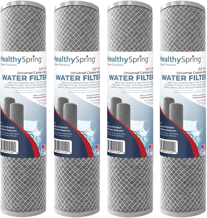 American Made, 5 Micron 2.5" x 10" Whole House CTO Carbon Sediment Water Filter Cartridge Compatible with DuPont WFPFC8002, WFPFC9001, WHCF-WHWC, FXWTC, C1, NCP-10 Made in USA, Pack of 4