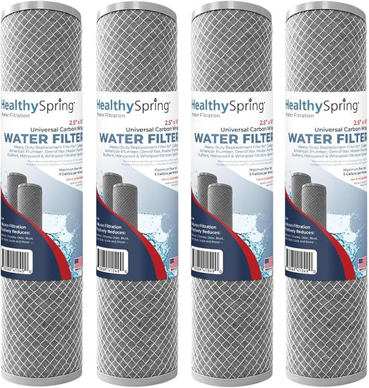 American Made, 5 Micron 2.5" x 10" Whole House CTO Carbon Sediment Water Filter Cartridge Compatible with DuPont WFPFC8002, WFPFC9001, WHCF-WHWC, FXWTC, C1, NCP-10 Made in USA, Pack of 4